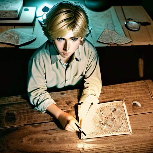 Overhead shot of Cole sitting at a dimly lit room, huddled over the ancient map spread across a wooden table, a magnifying glass in his hand, tracing the cryptic symbols.